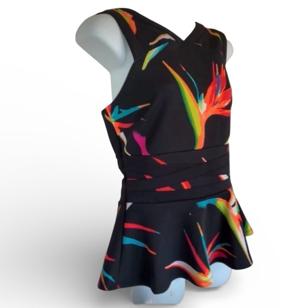 Worthington Peplum Top, Women's M, Colorful floral print, back zip. EUC
